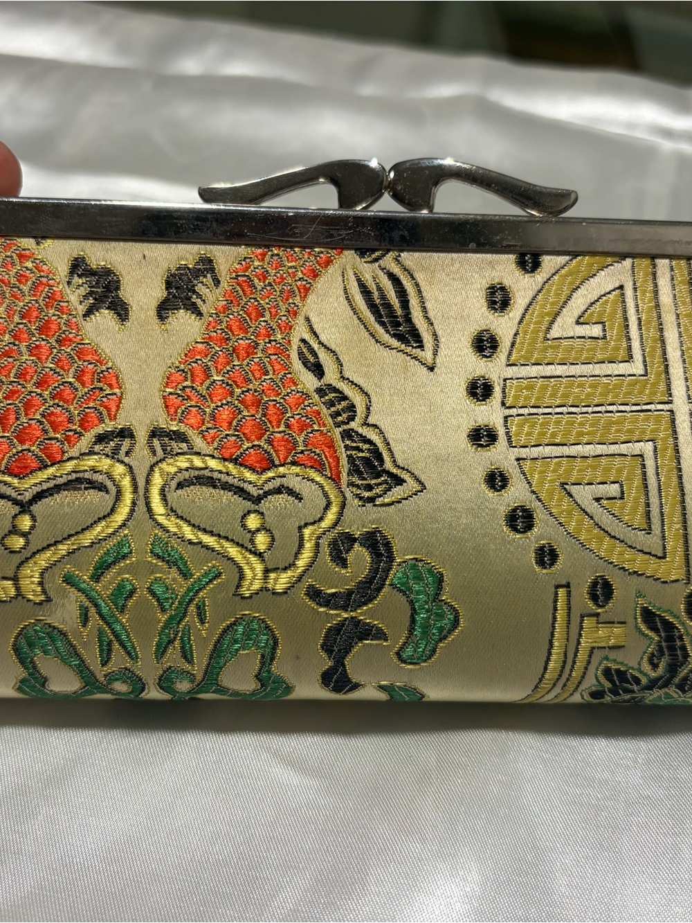 & Other Stories Gold Satin Clutch with Red and Green Embroidery